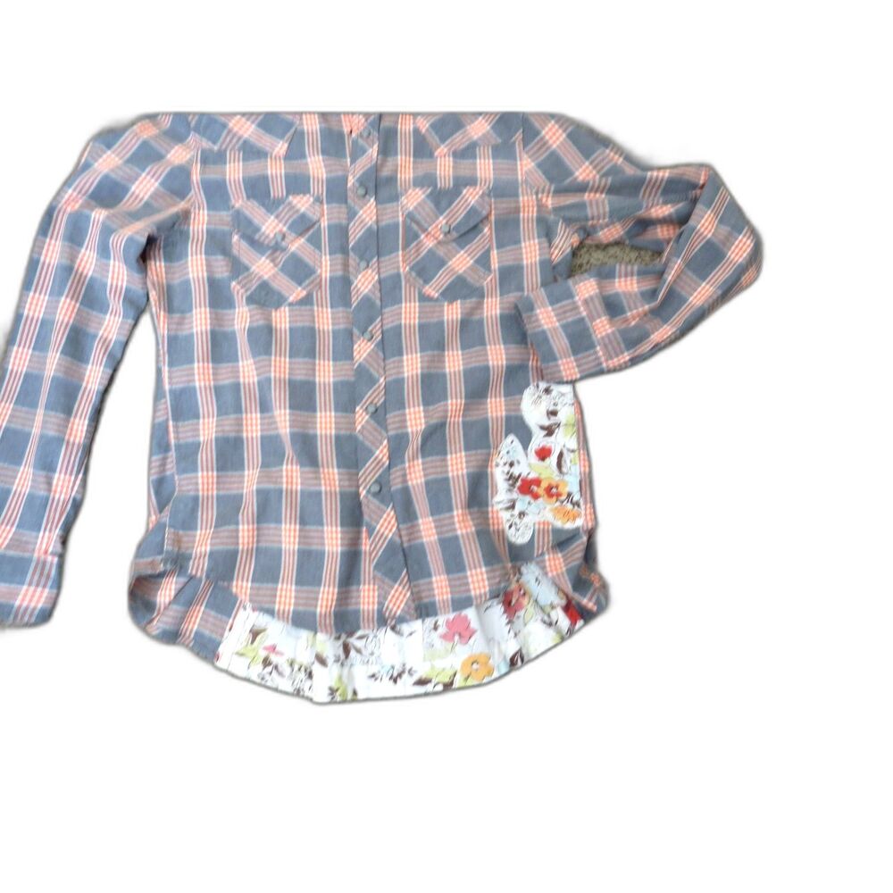 billy T Women's Mixed Media Split-back Plaid Western Shirt Gray/Peach L EUC - Picture 12 of 13